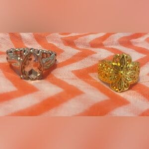 Gold Filigree Statement Ring and Silver Crystal Ring - Orange/White Accent